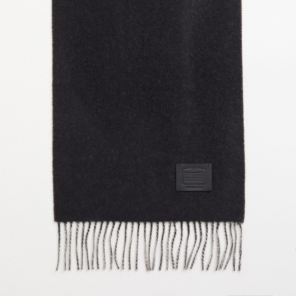 COACH®,Restored Signature Solid Cashmere Muffler,Cashmere,Rectangle,Logo,Fringe,Reversible,Casual,Black,Closer View