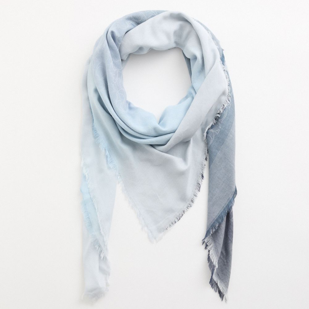 COACH®,Restored Signature Ombre Oversized Square Scarf,Cotton,Square,Frayed,Eco-Friendly,Casual,Blue,Front View