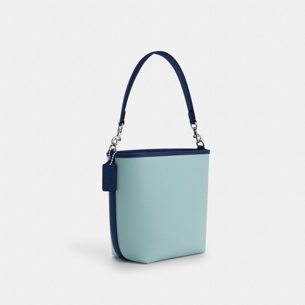 COACH®,City Bucket Bag In Colorblock,Leather,Bucket,Piping,Metal,Logo,Silver Metal,Casual,Blue,Angle View