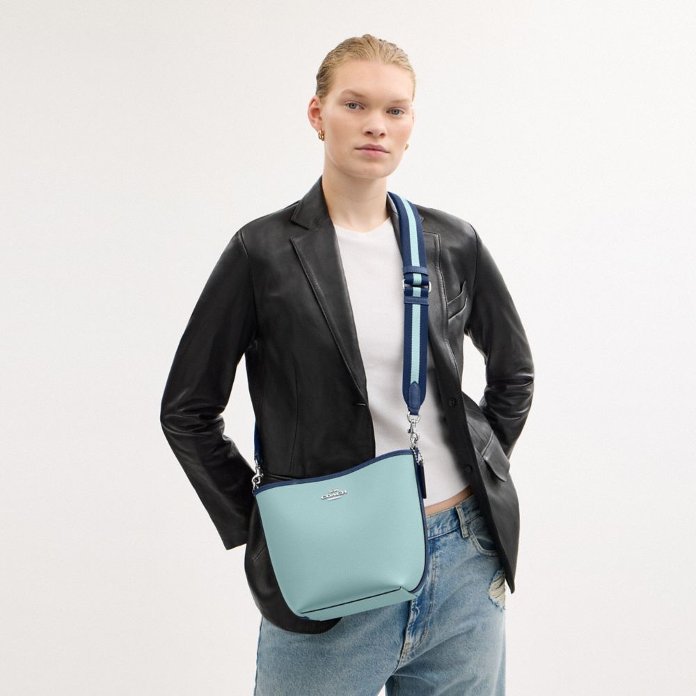 COACH®,City Bucket Bag In Colorblock,Leather,Bucket,Piping,Metal,Logo,Silver Metal,Casual,Blue
