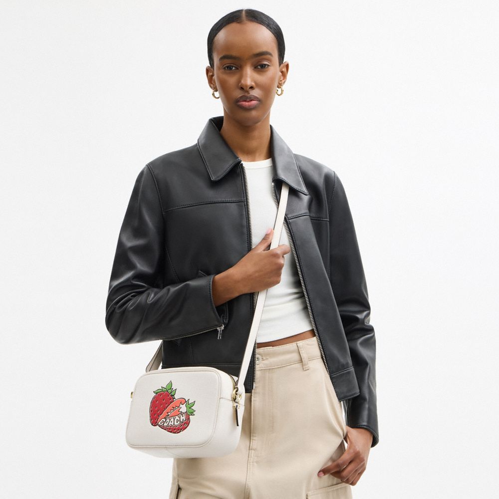 COACH®,Jamie Camera Bag With Strawberry Graphic,Leather,Camera Bag,Gold Metal,Casual,Cream