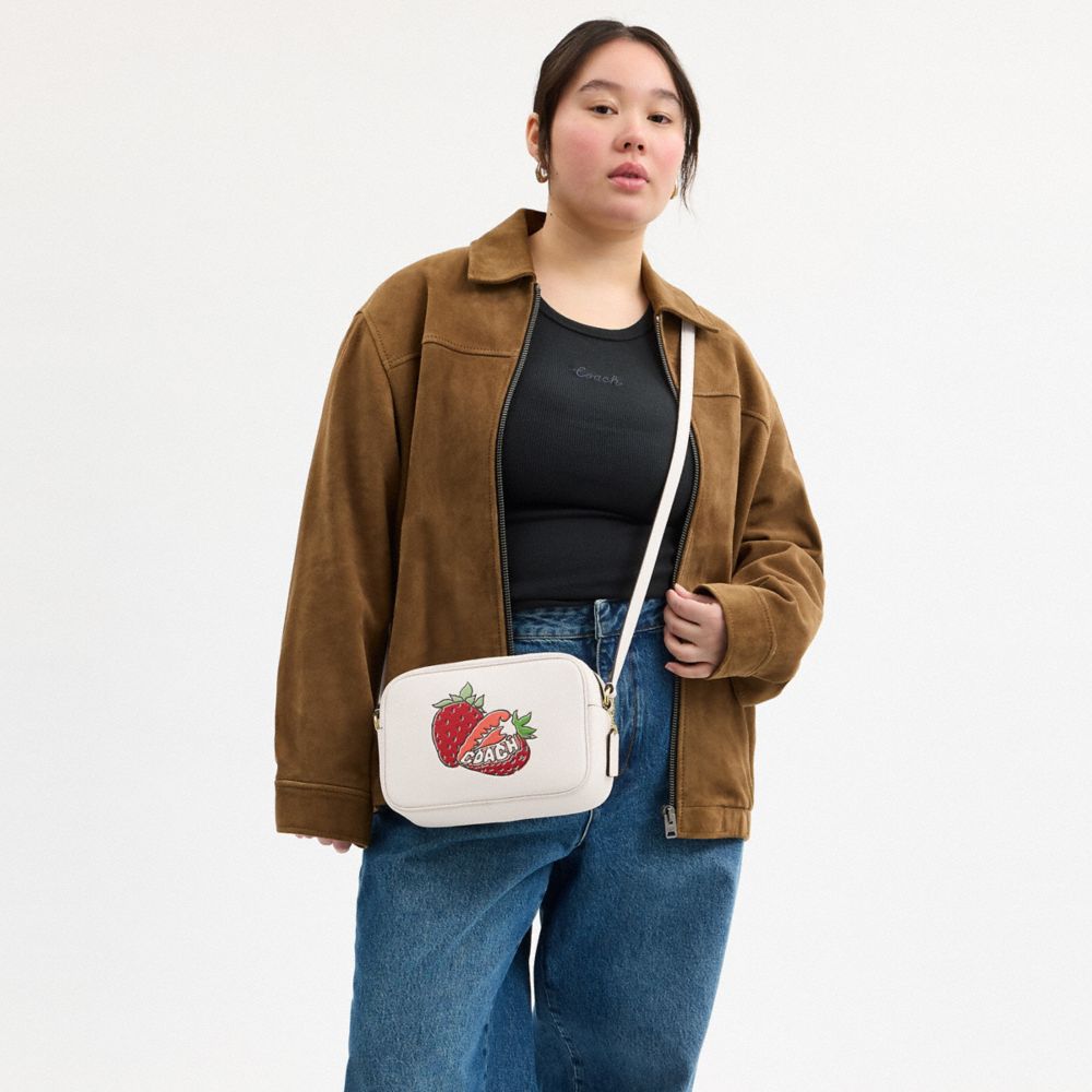 COACH®,Jamie Camera Bag With Strawberry Graphic,Leather,Camera Bag,Gold Metal,Casual,Cream