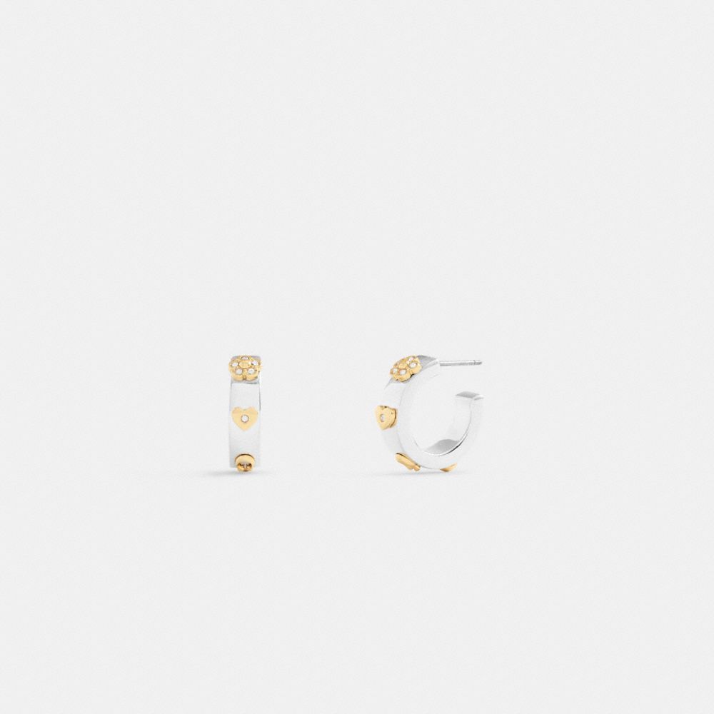 COACH®,Pavé Tea Rose And Heart Hoop Earrings,Clear,Front View image number 0