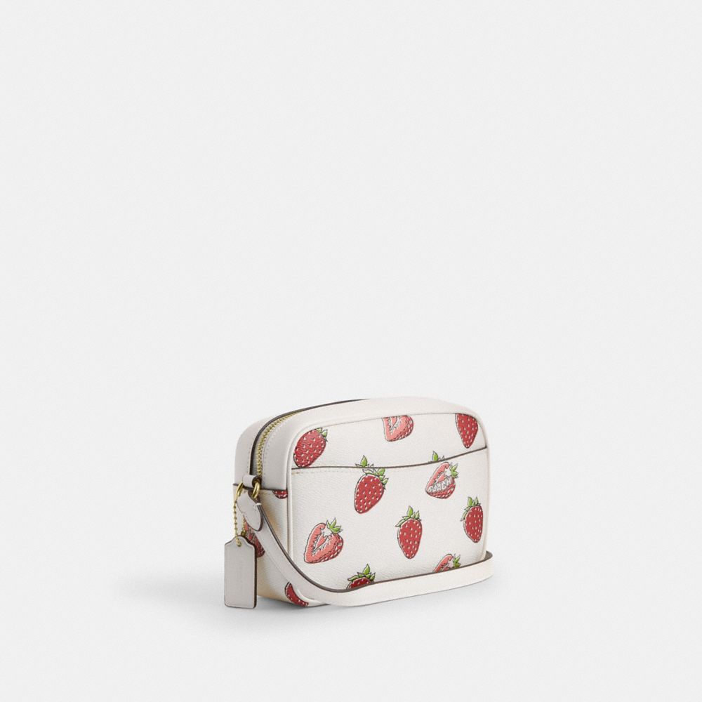 COACH®,Mini Jamie Camera Bag With Strawberry Print,Canvas,Camera Bag,Metal,Logo,Gold Metal,Casual,White,Angle View