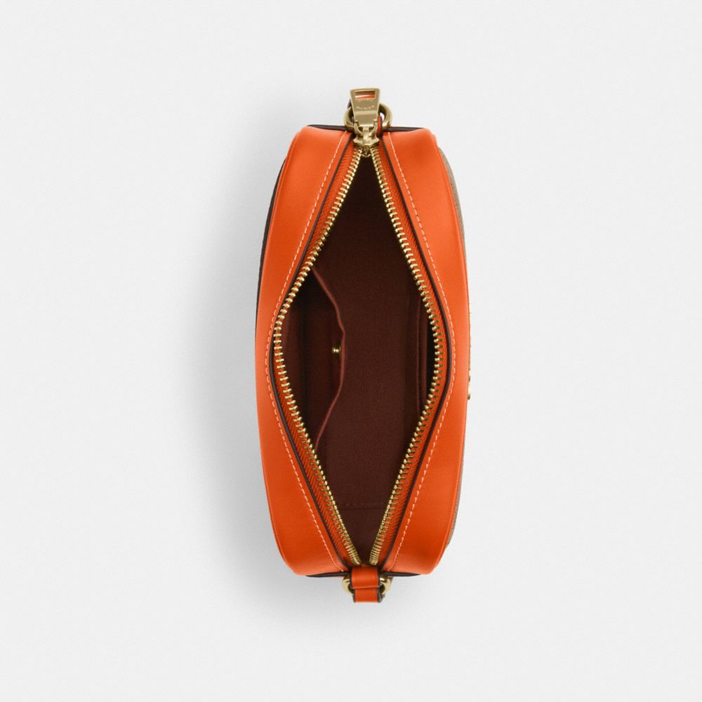 COACH®,Mini Jamie Camera Bag In Signature Canvas With Orange Print,Canvas,Camera Bag,Metal,Piping,Logo,Color Block,Gold Me...,Brown,Inside View,Top View