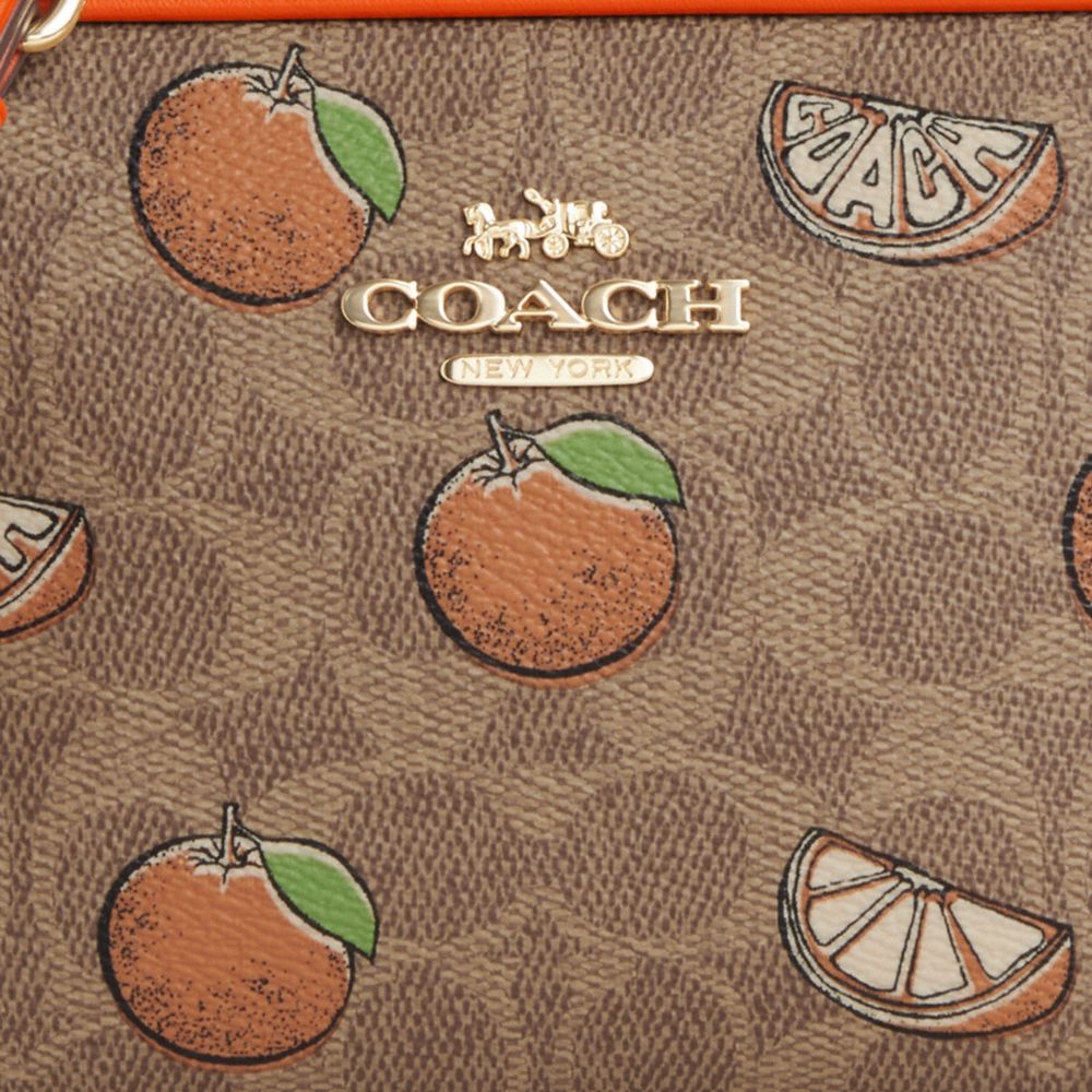 COACH®,Mini Jamie Camera Bag In Signature Canvas With Orange Print,Canvas,Camera Bag,Metal,Piping,Logo,Color Block,Gold Me...,Brown,Closer View