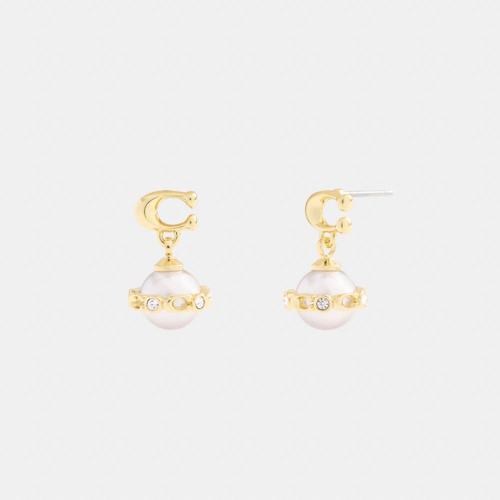 COACH®,Signature Pearl Drop Earrings,White,Clear,Front View image number 0