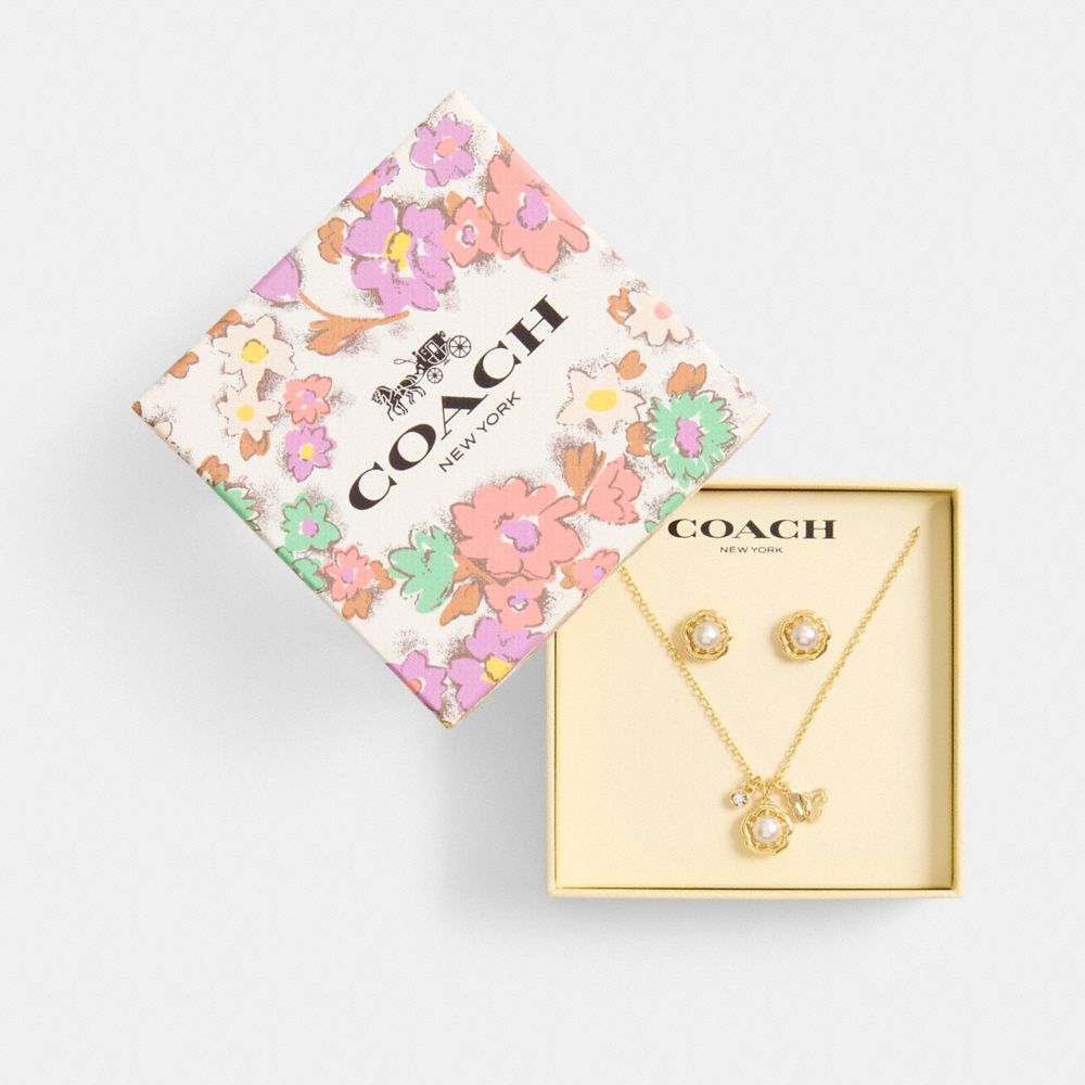 COACH®,Tea Rose Pearl Necklace And Earrings Set,,Front View