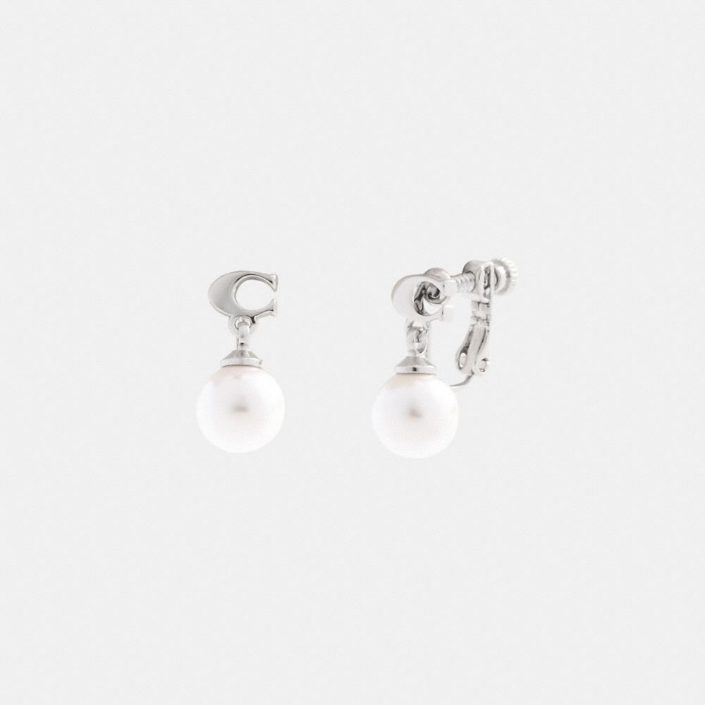 COACH®,Signature Pearl Drop Clip On Earrings,,Front View