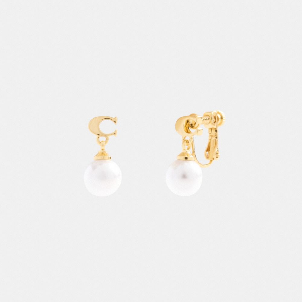 COACH®,Signature Pearl Drop Clip On Earrings,,Front View image number 0