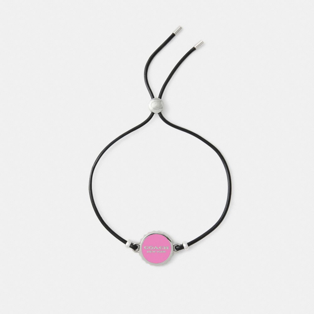 COACH®,Enamel Bottle Cap Black Leather Bracelet,Black,Inside View,Top View