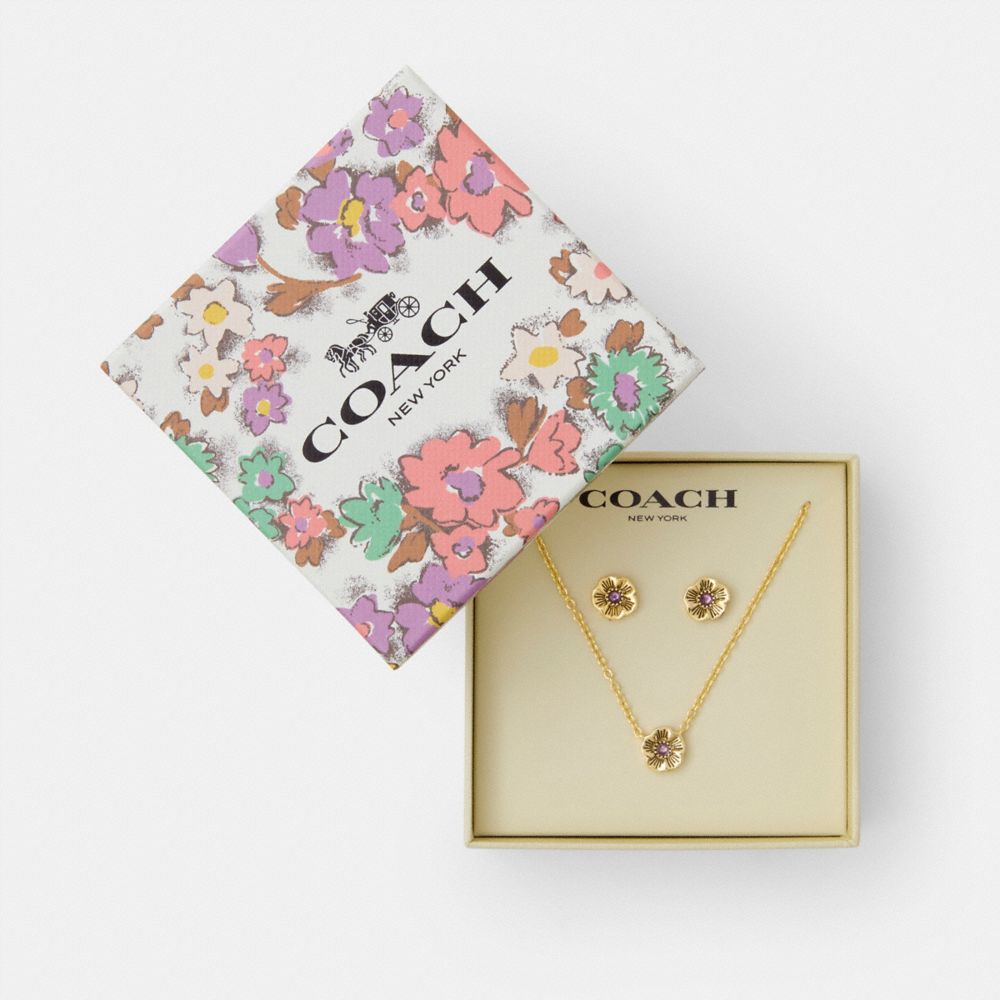 COACH®,Tea Rose Pendant Necklace And Earrings Gift Set,,Front View