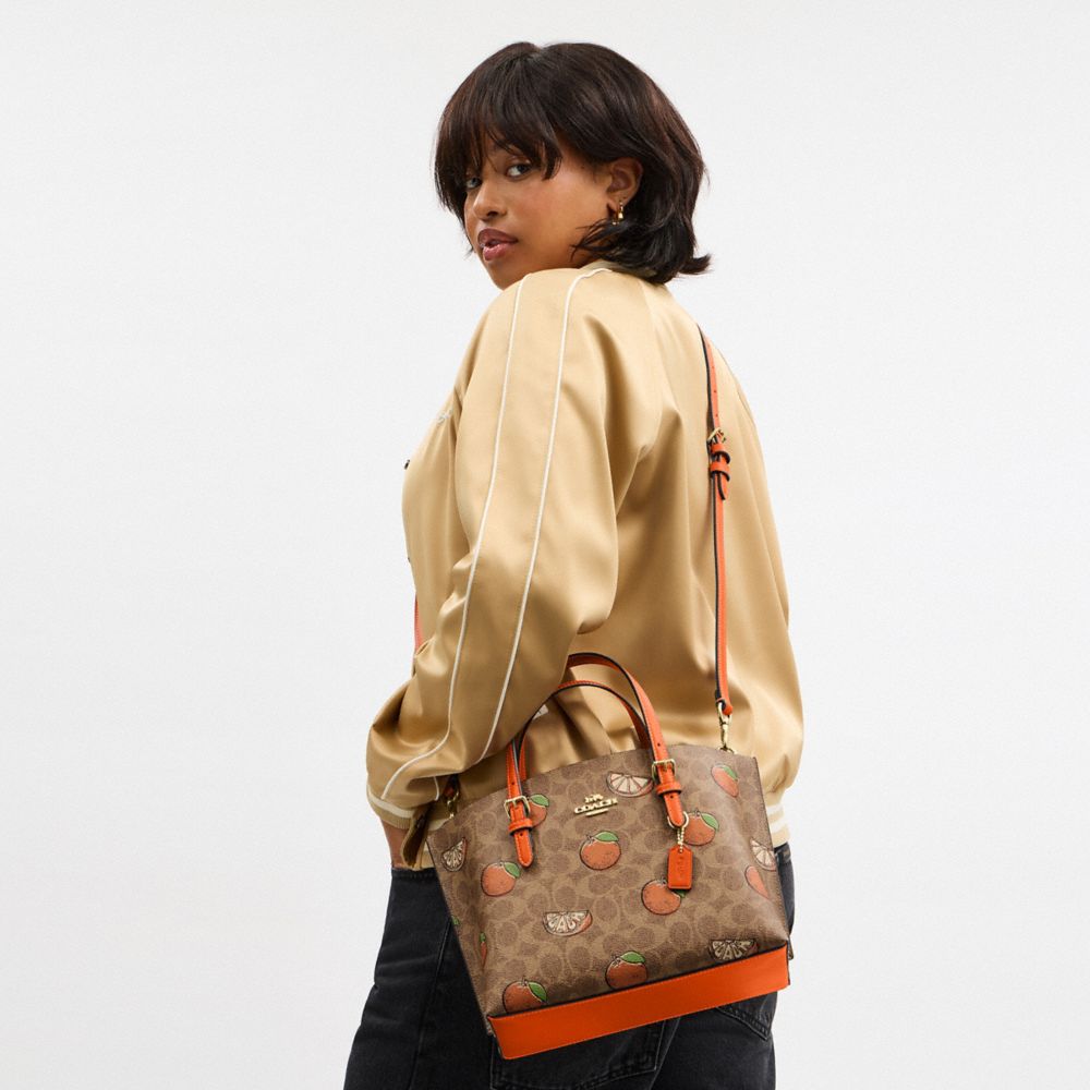 COACH®,Mollie Tote Bag 25 In Signature Canvas With Orange Print,Canvas,Tote,Metal,Gold Metal,Casual,Brown