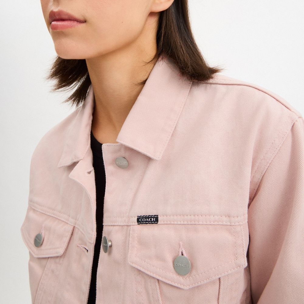 COACH®,Colorful Signature Denim Jacket,Leather,Cotton,Trucker,Denim,Casual,Pink,Detail View