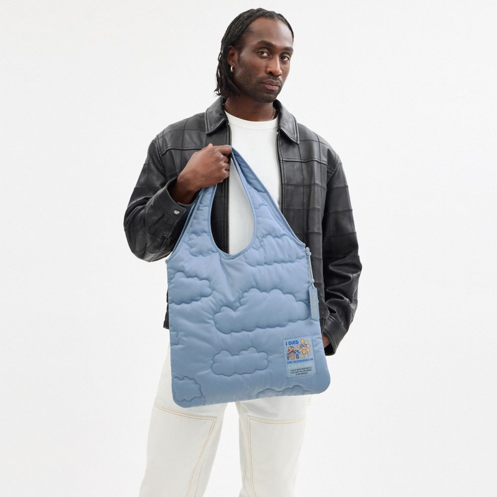 COACH®,Coachtopia Loop Flat Tote In Recycled Polyester With Cloud Quilting,Blue,Detail View
