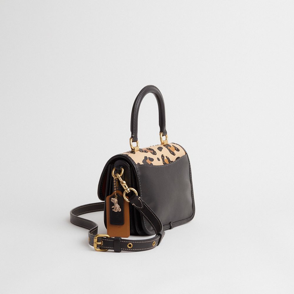 COACH®,Upcrafted Rogue Top Handle Bag In Haircalf With Leopard Print,Leather,Crossbody,Pattern,Mixed Media,Studded,Piping,...,Multi Color,Angle View