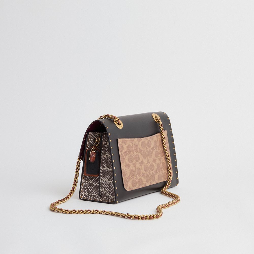 COACH®,Upcrafted Parker With Rivets And Snakeskin Detail,Leather,Shoulder Bag,Chain Detail,Studded,Color Block,Set,Gusset,...,Multi Color,Angle View