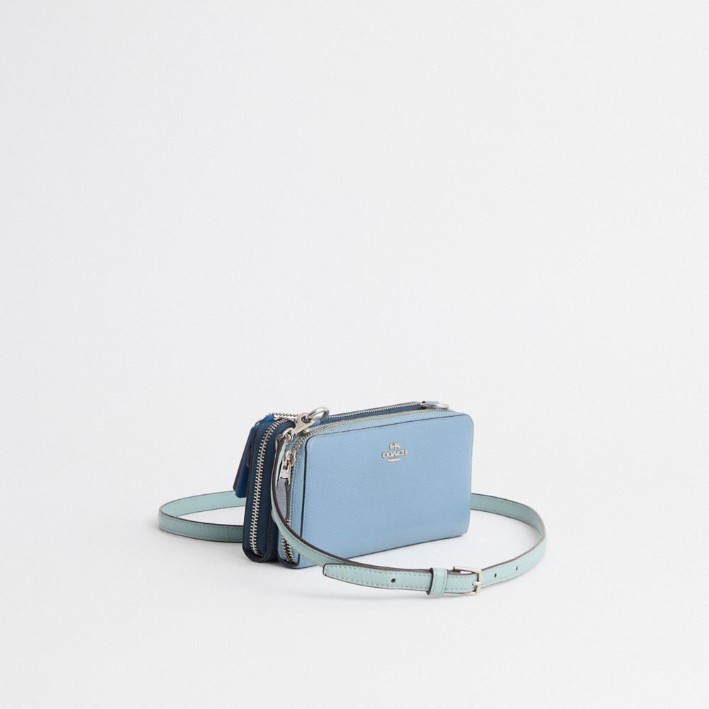 COACH®,Upcrafted Double Up Wallet Creation,Leather,Crossbody,Logo,Applique,Sustainable,Set,Travel,Blue,Angle View