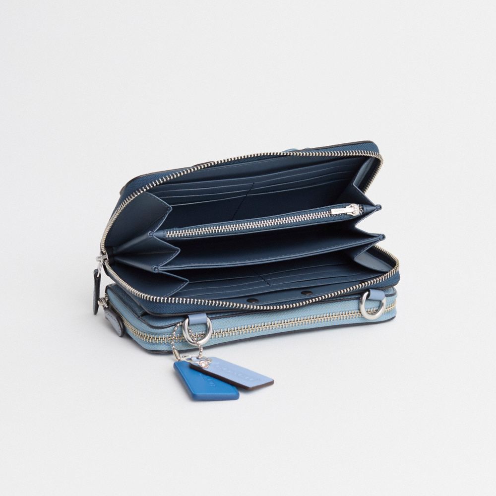 COACH®,Upcrafted Double Up Wallet Creation,Leather,Crossbody,Logo,Applique,Sustainable,Set,Travel,Blue,Inside View,Top View