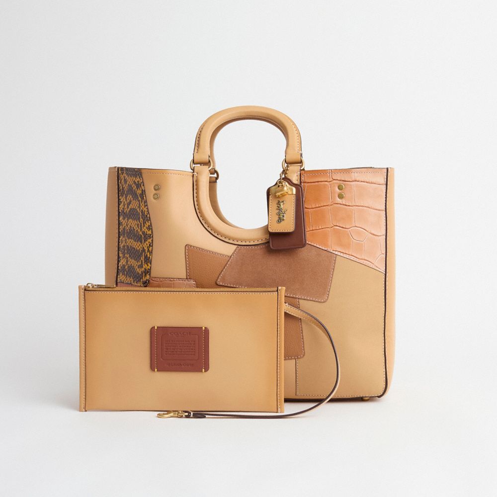 COACH®,Upcrafted Rae Tote Bag,Leather,Tote,Pouch,Animal Skin Embossing,Color Block,Pattern,Logo,Patchwork,Set,Gusset,Vegan...,Beige,Angle View