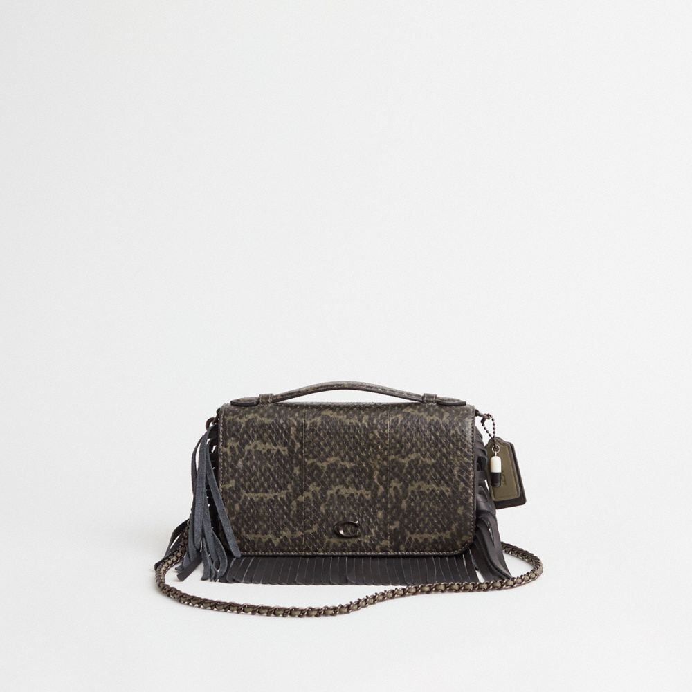 COACH®,Upcrafted Bea Crossbody Bag In Snakeskin,Leather,Crossbody,Chain Detail,Logo,Fringe,Pen Holder,Set,Silver Metal,Day...,Gray,Front View