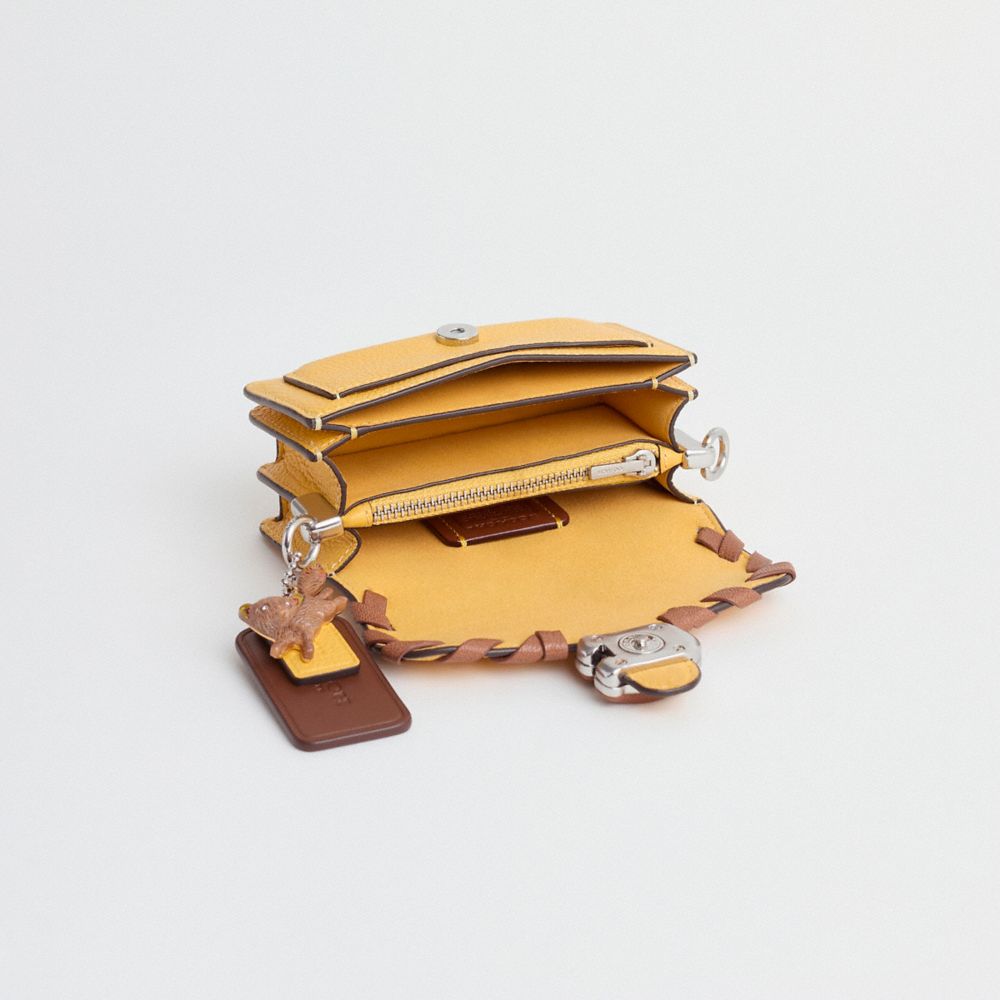 COACH®,Upcrafted Tabby Bag 12,Leather,Crossbody,Logo,Whipstitch,Set,Gusset,Pen Holder,Sustainable,Silver Metal,Casual,Mustard,Inside View,Top View