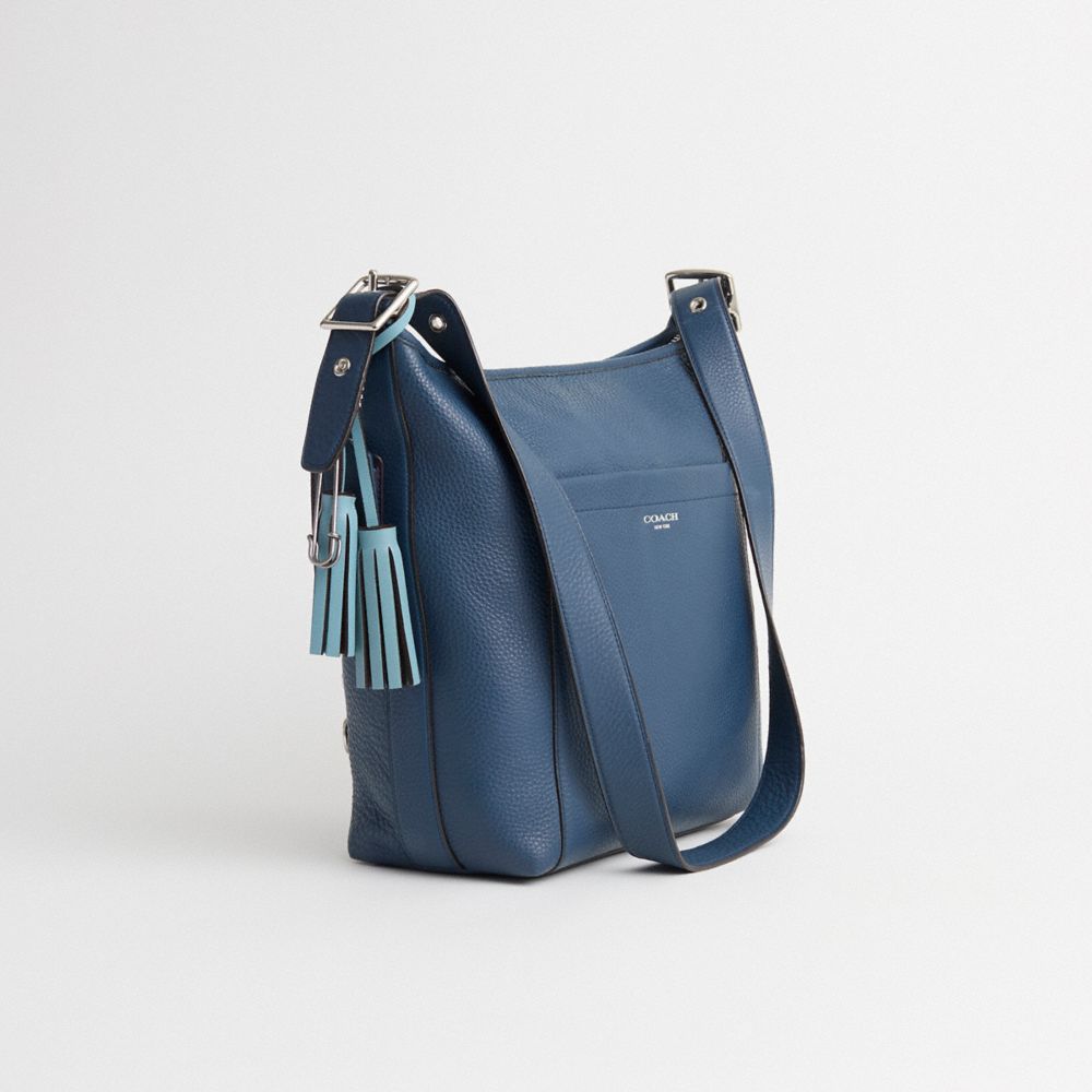 COACH®,Upcrafted Legacy Pebbled Leather Duffle,Leather,Crossbody,Applique,Metal,Rhinestones,Shearling,Logo,Tassel,Expandab...,Blue,Angle View