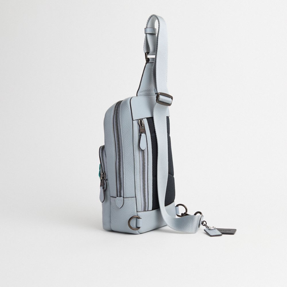 COACH®,Upcrafted Gotham Pack,Calfskin Leather,Slingback,Plastic,Applique,Metal,Shearling,Set,Adjustable,Durable Fabric,Wor...,Gray,Angle View