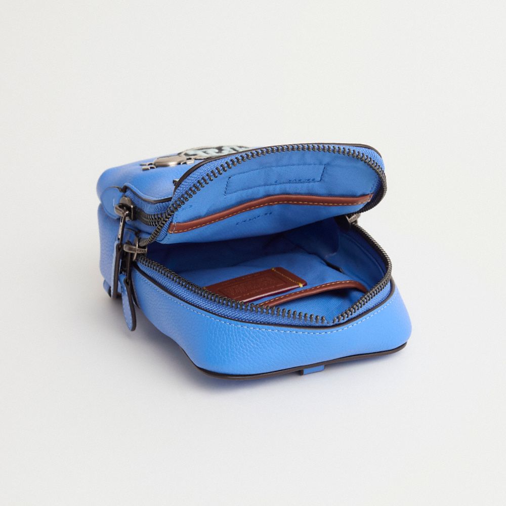 COACH®,Upcrafted Gotham Sling Pack 13,Leather,Slingback,Plastic,Applique,Metal,Adjustable,Set,Casual,Work,Blue,Inside View,Top View