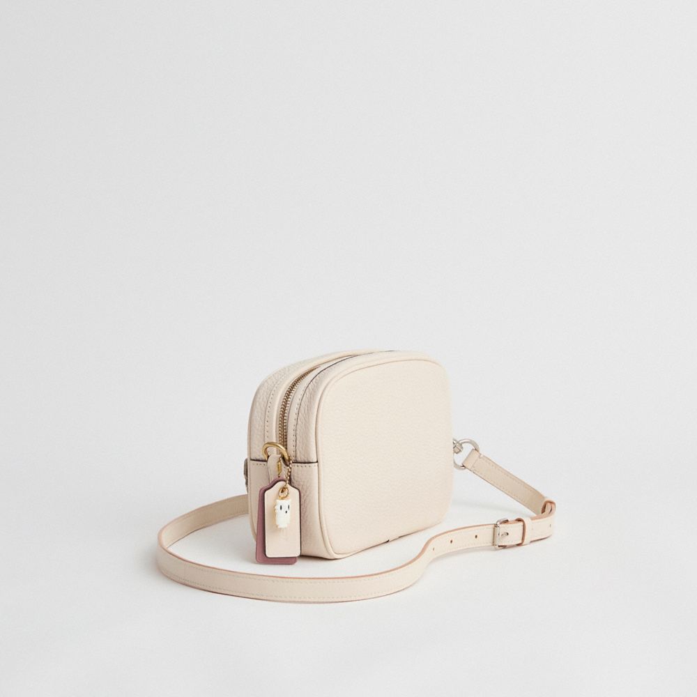 COACH®,Upcrafted Camera Bag,Leather,Camera Bag,Metal,Rhinestones,Logo,Set,Adjustable,Gold Metal,Casual,Cream,Angle View