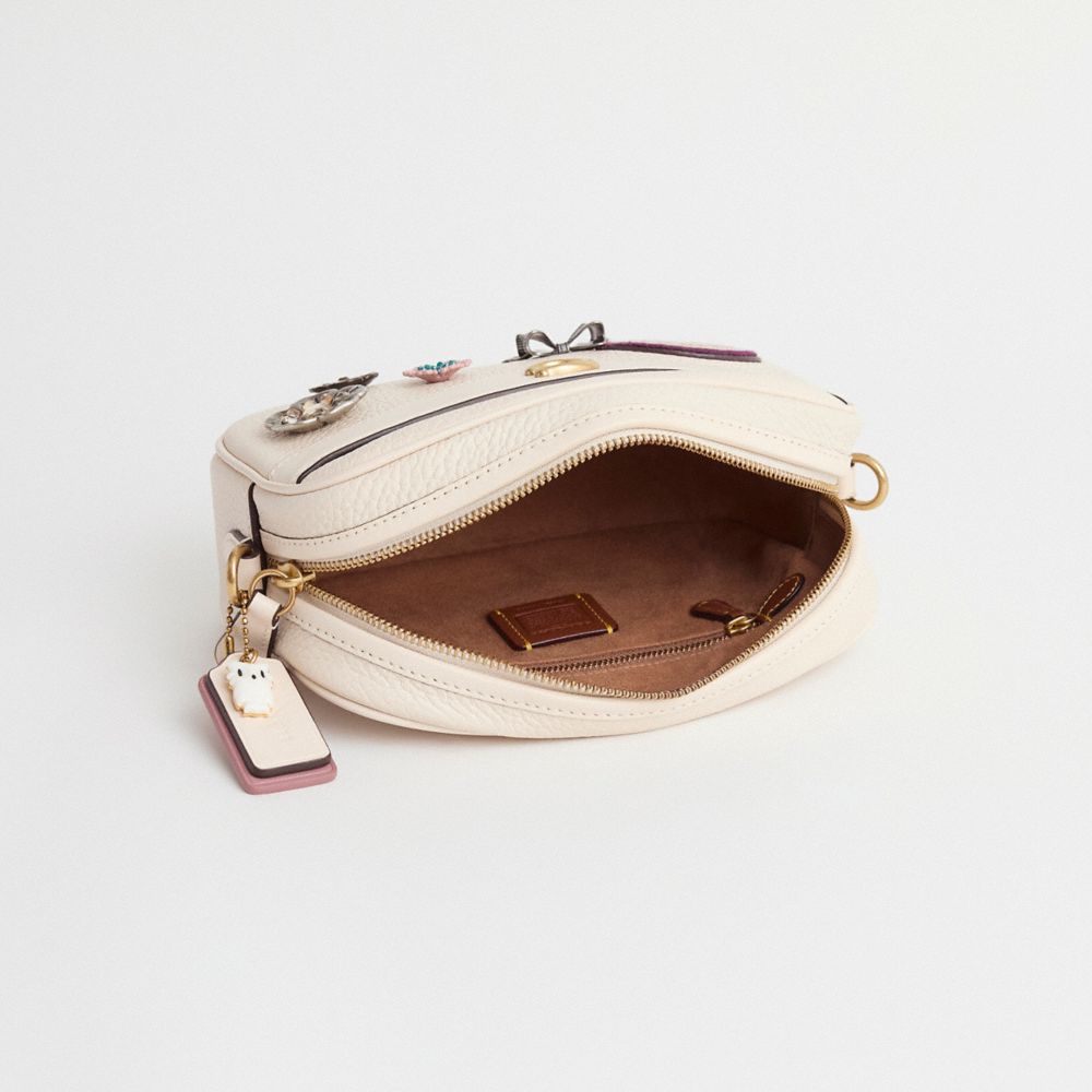 COACH®,Upcrafted Camera Bag,Leather,Camera Bag,Metal,Rhinestones,Logo,Set,Adjustable,Gold Metal,Casual,Cream,Inside View,Top View