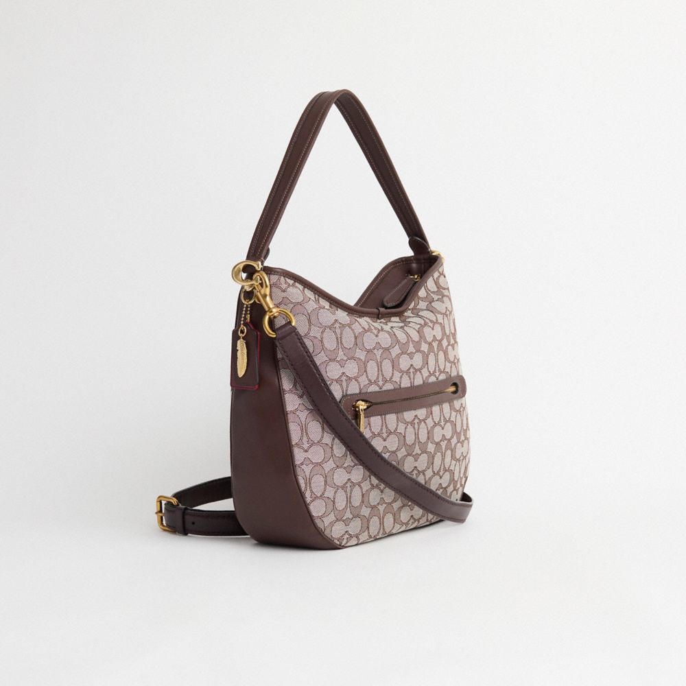 COACH®,Upcrafted Soft Tabby Hobo In Signature Jacquard,Cotton,Cotton Blend,Shoulder Bag,Wood,Metal Material,Metal,Rhinesto...,Brown,Angle View