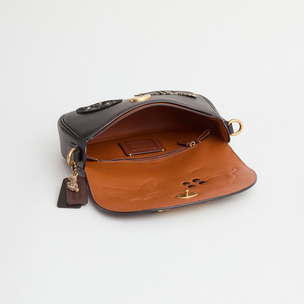 COACH®,Upcrafted Harley Crossbody Bag,Lining Cotton,Cotton,Leather,Saddle Bag,Applique,Metal,Logo,Sequin,Studded,Set,Pen H...,Black,Inside View,Top View