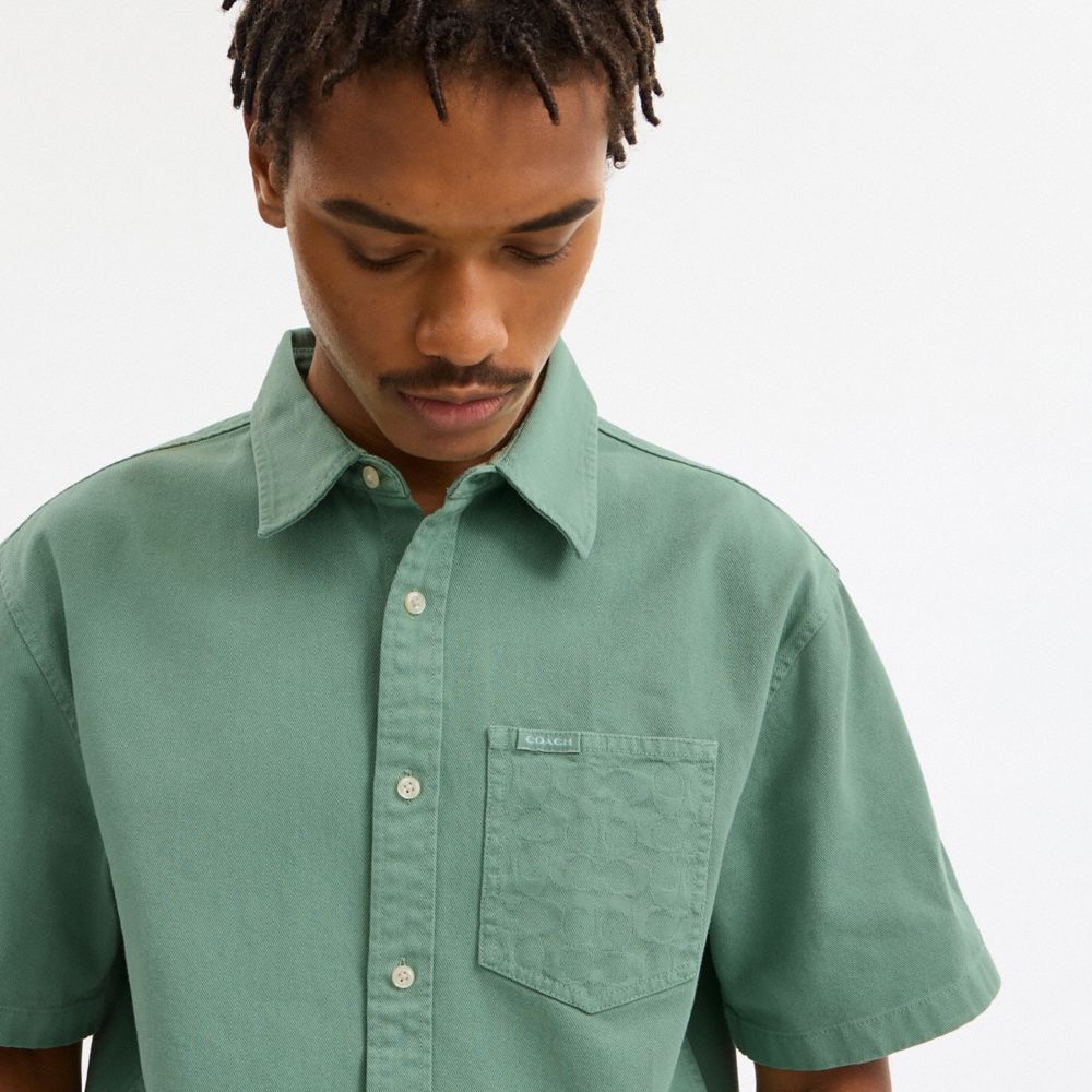 COACH®,Short Sleeve Relaxed Denim Shirt,,Detail View