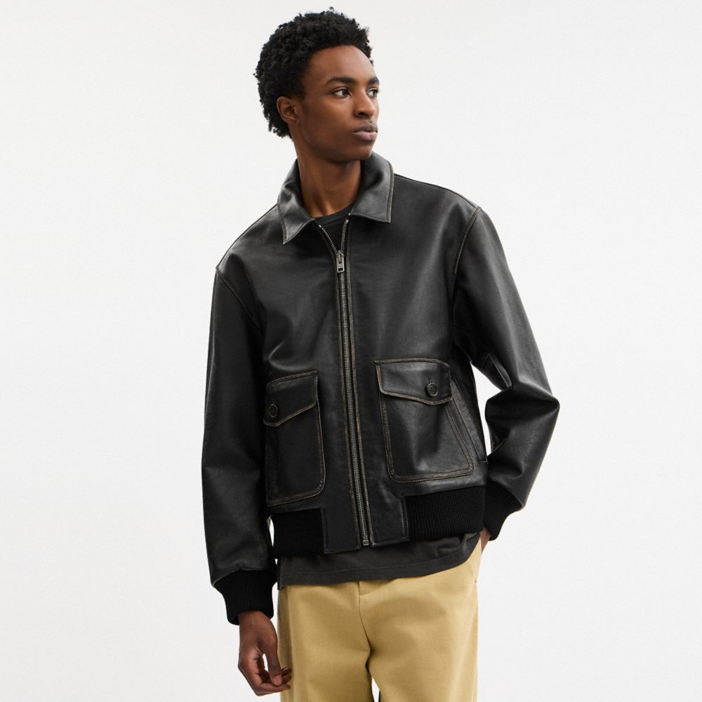Coach Loveworn Leather Bomber Jacket In Black
