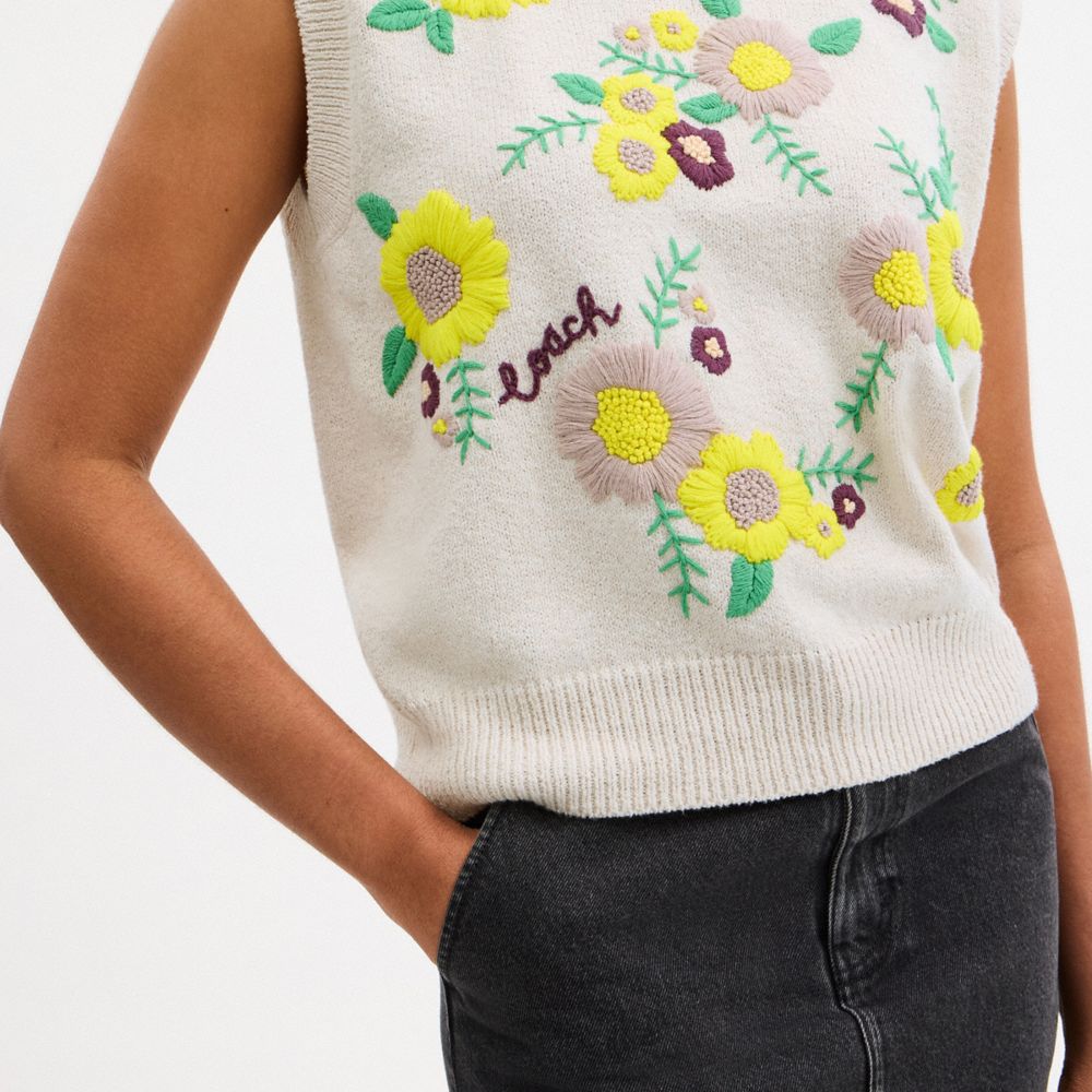 COACH®,Floral Knit Vest,Cream,Detail View