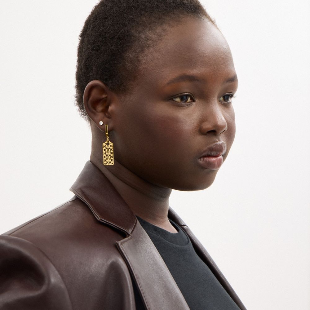 COACH®,Cutout Signature Hangtag Earrings,Dangle Earring,Cubic Zirconia,Cut Out,Logo,Titanium,Brass,Day Party,,Detail View