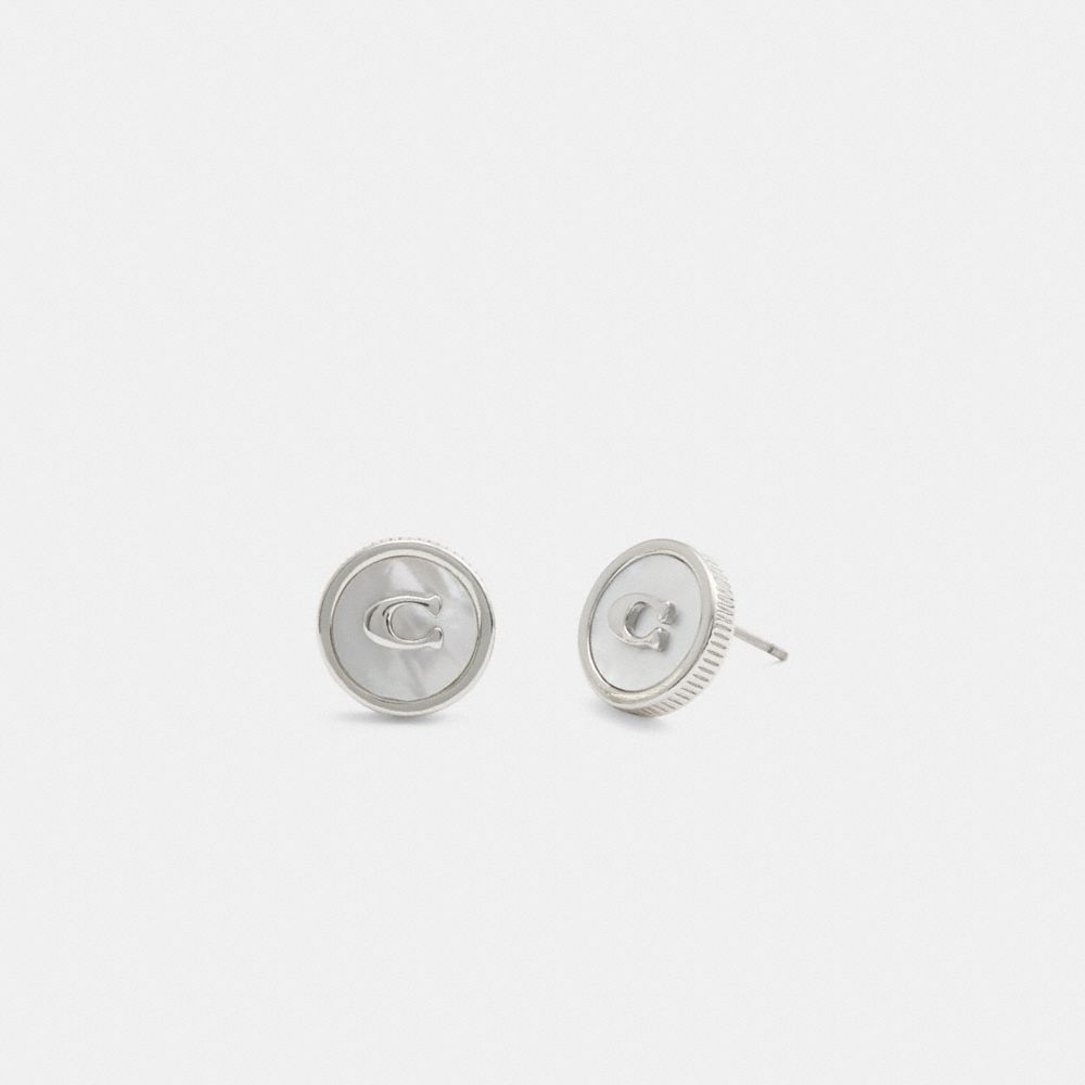 COACH®,Mother Of Pearl Signature Coin Stud Earrings,Gray,Front View
