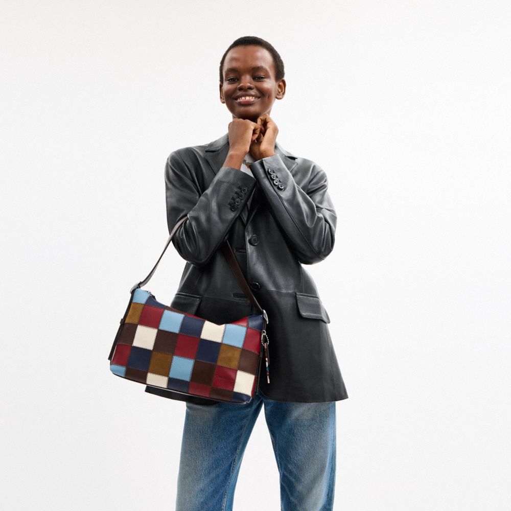 COACH®,Alter/Ego Slouchy Shoulder Bag In Upcrafted Leather,Leather,Shoulder Bag,Patchwork,Logo,Adjustable,Vegan,Casual,Multi Color,Detail View