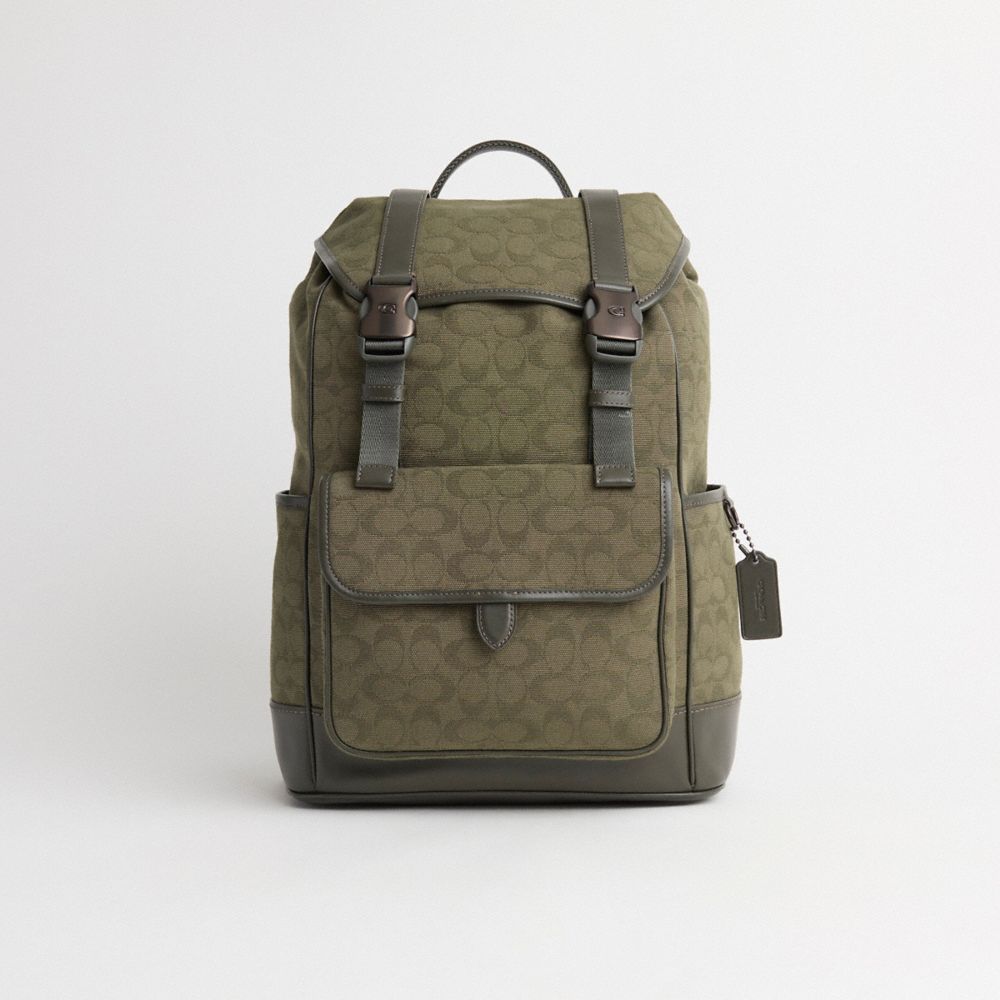 COACH®,Restored League Flap Backpack In Signature Canvas Jacquard,Olive,Front View