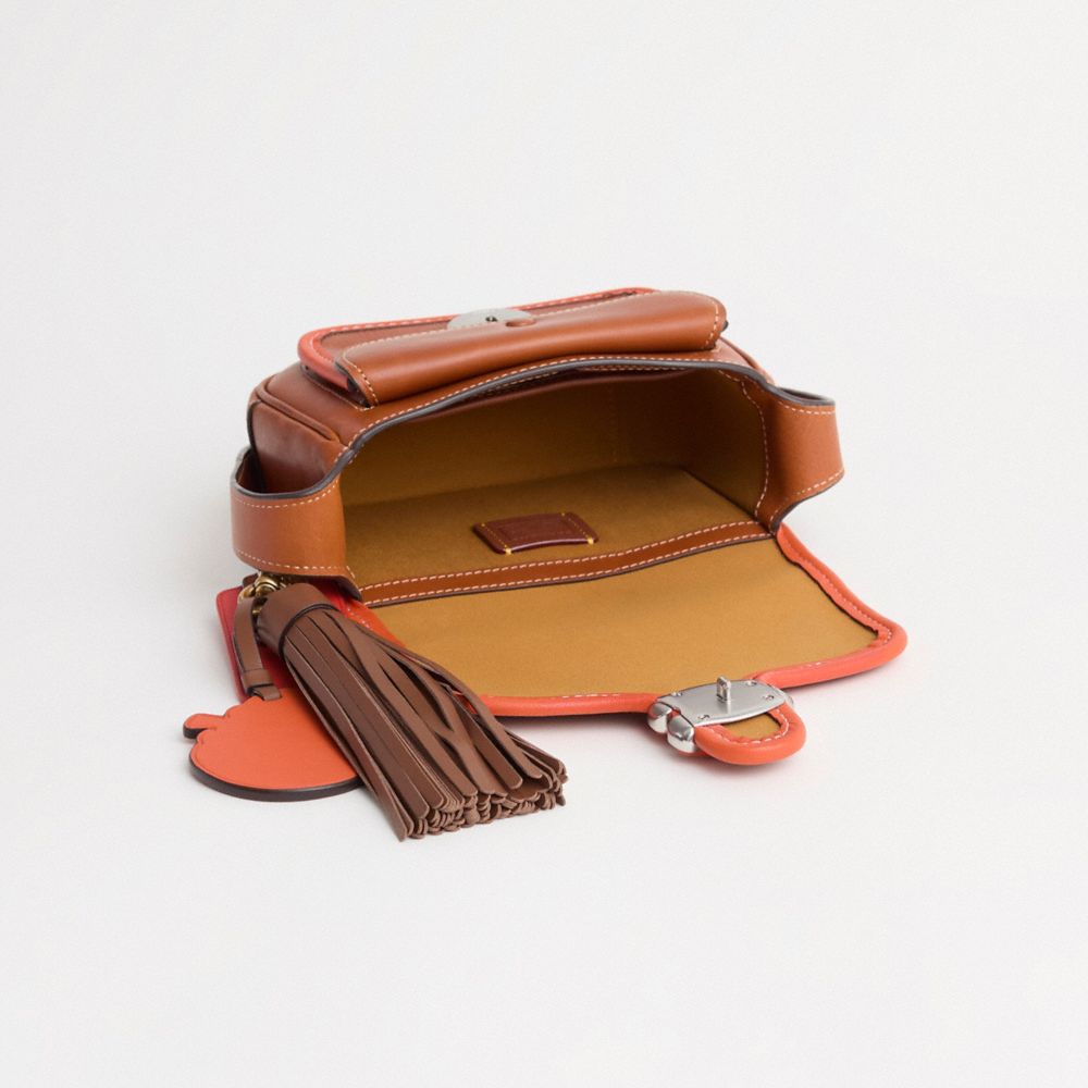 COACH®,Upcrafted Tabby Messenger 19,Leather,Crossbody,Logo,Piping,Tassel,Compact,Set,Adjustable,Silver Metal,Casual,Brown,Inside View,Top View