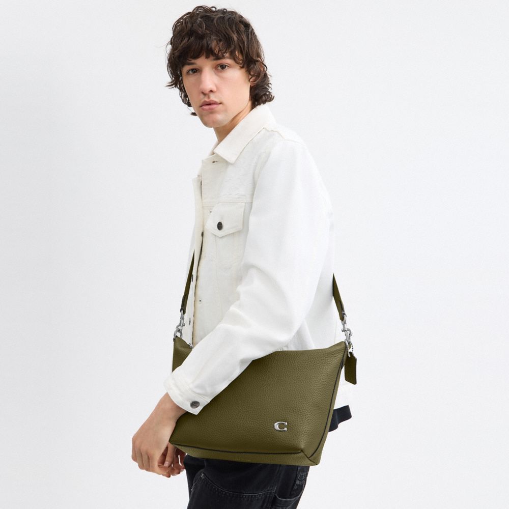 COACH®,Top Zip Messenger Bag,Leather,Crossbody,Pendant,Adjustable,Gunmetal,Casual,Olive,Detail View
