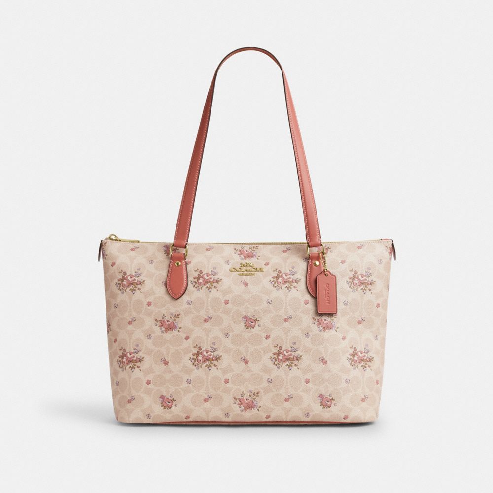 COACH®,CABAS GALLERY EN TOILE EXCLUSIVE AVEC MOTIF FLEURI,Or/Sable Multi,Front View