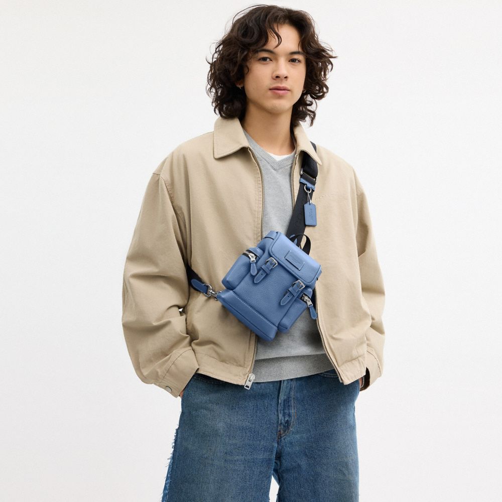 COACH®,Sprint Sling Pack,Leather,Calfskin Leather,Backpack,Applique,Logo,Casual,Blue,Detail View