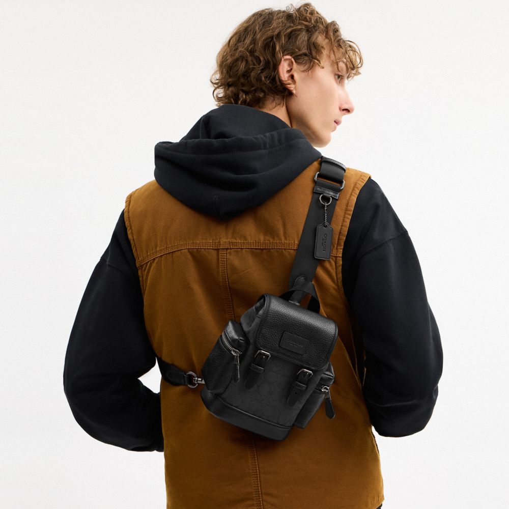 COACH®,Sprint Sling Pack In Signature Jacquard,Calfskin Leather,Cotton,Backpack,Applique,Casual,Gray,Detail View