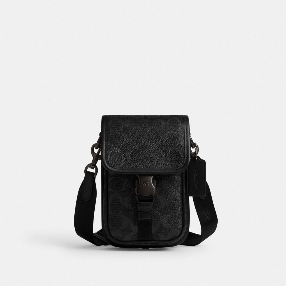 Coach League Phone Crossbody Bag In Signature Canvas In Black
