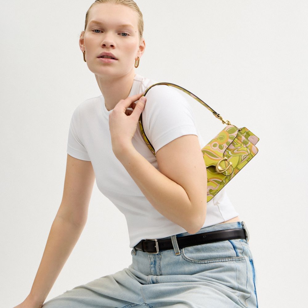 COACH®,Tabby Shoulder Bag 20 With Paisley Print,Leather,Shoulder Bag,Tag Embellishment,Metal,Logo,Gold Metal,Casual,Olive,Detail View