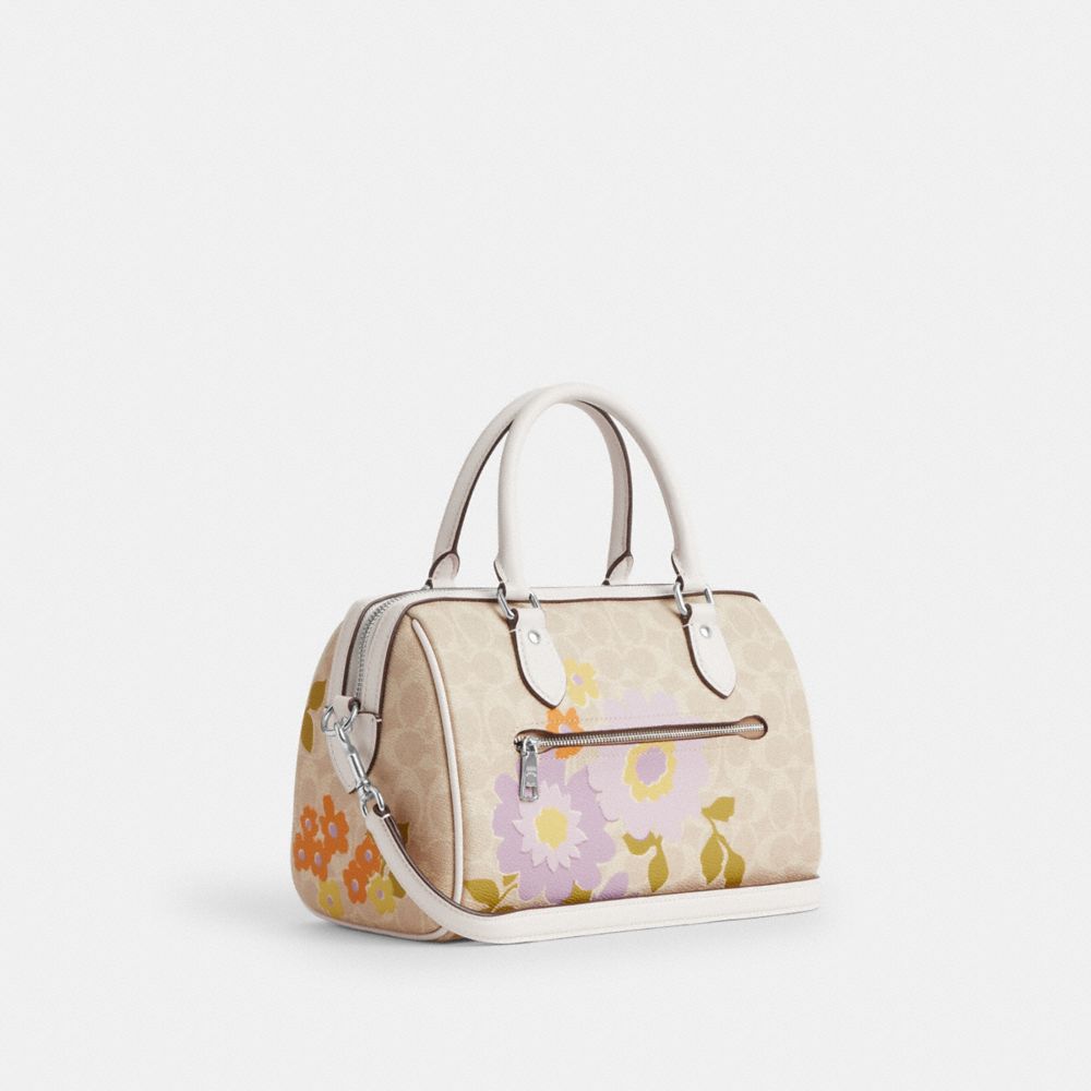 COACH®,Rowan Satchel Bag In Signature Canvas With Floral Print,Beige,Angle View