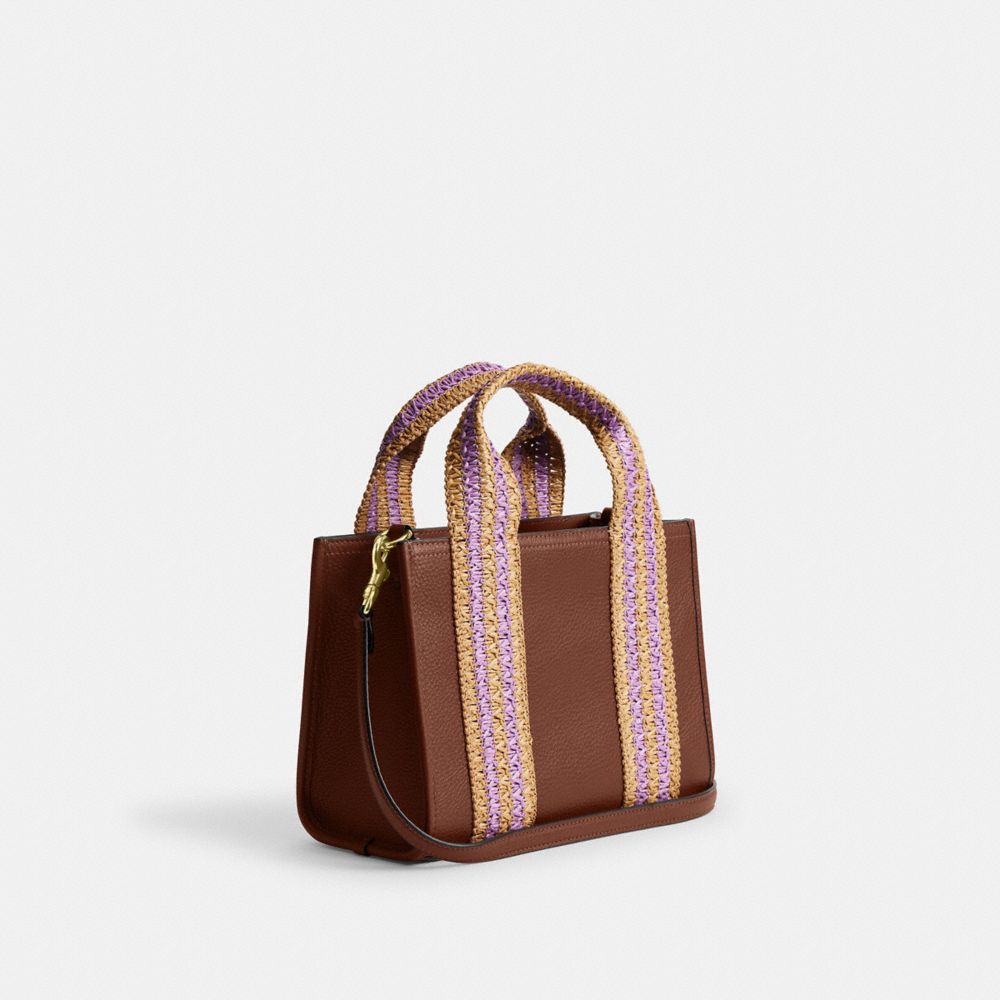 COACH®,Smith Tote Bag 24,Leather,Tote,Straw,Mixed Media,Logo,Stripe,Metal,Casual,Brown,Angle View