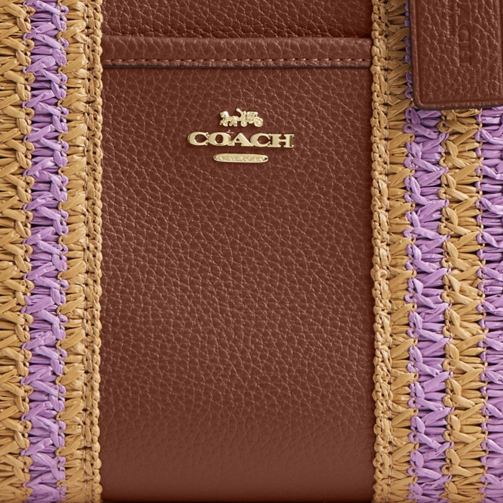 COACH®,Smith Tote Bag 24,Leather,Tote,Straw,Mixed Media,Logo,Stripe,Metal,Casual,Brown,Closer View